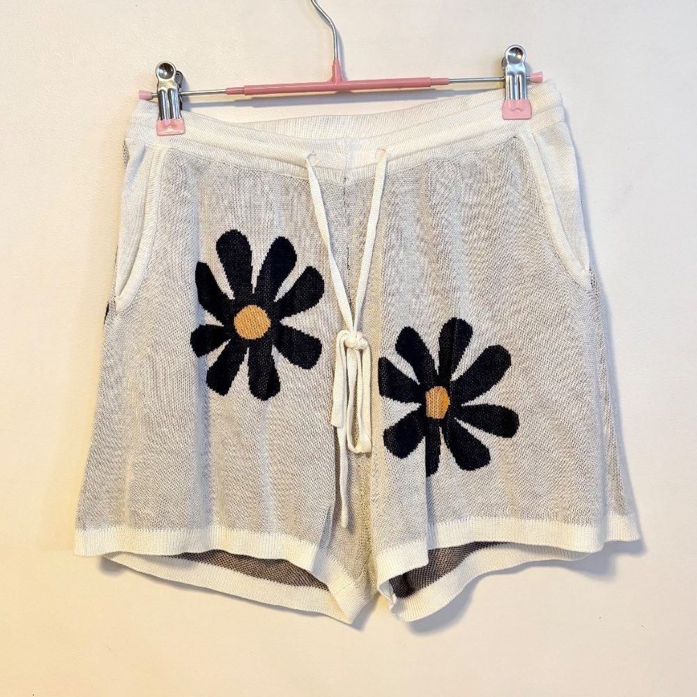 Ekouaer Knit Matching Pajama Lounge Set Long Sleeve Top Shorts Cream Floral S - Picture 4 of 5